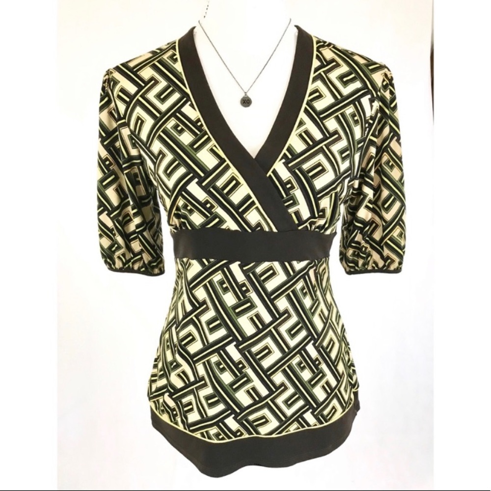 ATL Loft Size S Cream Green Yellow Geometric Print Puff Sleeve V Neck Blouse